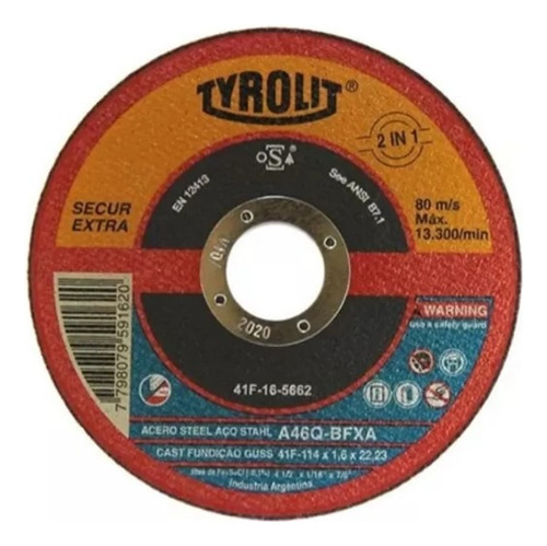 Disco De Corte Tyrolit Secur 114mm Para Desbaste Y Corte Negro