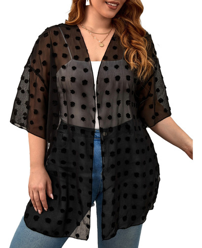 Kimono Capa Shein Negro Swiss Dot Plus Size