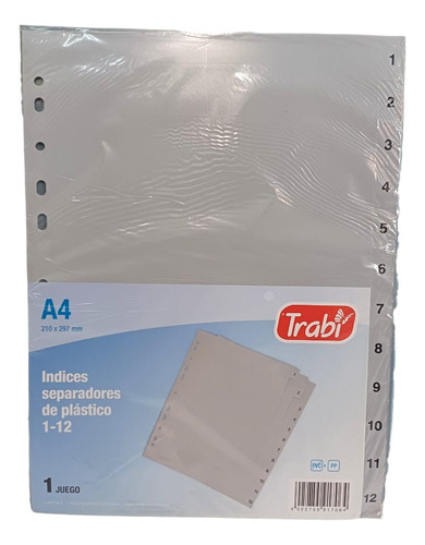 Separador Trabi A4 Plastico C/indice 1-12 Gris 1-12