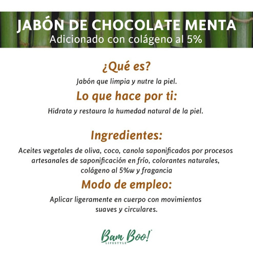 Imagen 2 de 5 de Jabón Chocolate Menta Con Colágeno 100 Gr Bam Boo! Lifestyle