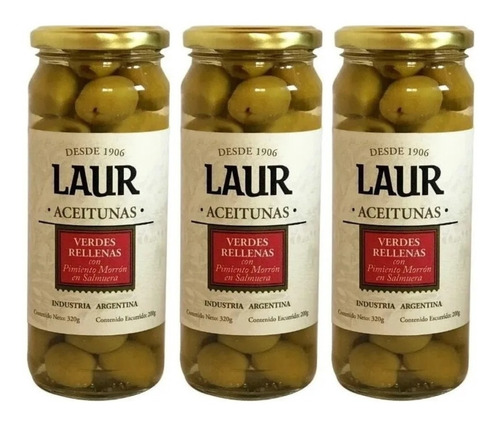 Aceitunas Verdes Laur Rellenas Con Morron 200 Gr. Pack X3