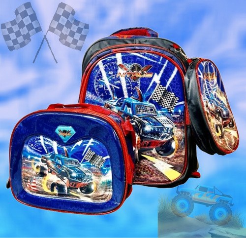 Mochila Escolar Para Niños, Astronauta, Autos Y Dinosaurio En Combo Con Lonchera Térmica Y Lapicera Con Diseño En 3d Con Glitter Y Luz Led