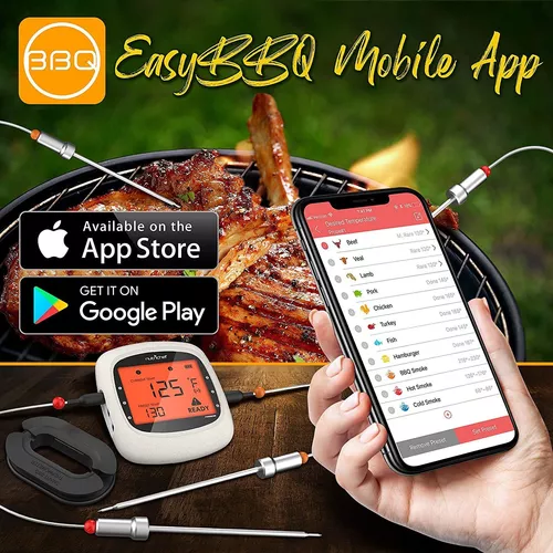 Smart Bluetooth BBQ Grill Thermometer - Upgraded Stainless Dual Probes Safe  to Leave in Outdoor Barbecue Meat Smoker - Wireless Remote Alert iOS  Android Phone WiFi App - NutriChef PWIRBBQ80 