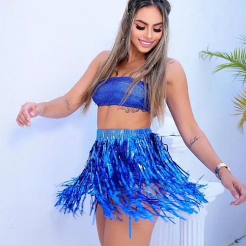 Adereço Saia Metalizada Franja Azul Carnaval 40cm