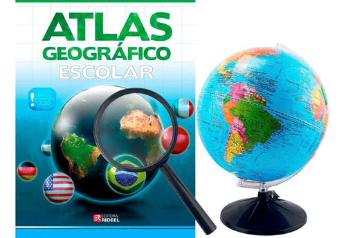 Kit Globo Terrestre Profissional Studio + Lupa + Livro Atlas