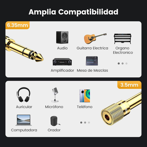 2pcs Adaptador Audio Plug Oro 24k 6.35mm Macho A 3.5mm Hembra