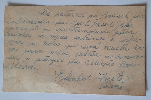 Carta Assinada Vavá Campeão Mundial Brasil Vasco Palmeiras (Usado)