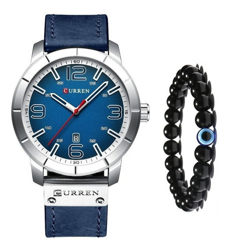 Relógio Masculino Curren Prata E Azul Kit Com Pulseira Preta