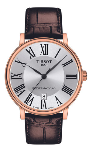 Reloj pulsera Tissot T122.407.36.033.00, analógica, para hombre, fondo plateado, con correa de cuero color marrón, bisel color rosa y hebilla doble