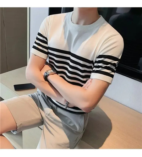Camiseta De Manga Corta De Punto A Rayas Para Hombre - Top M