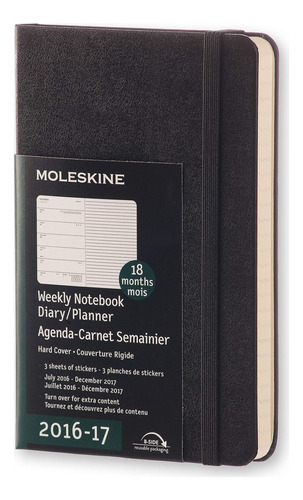 Cuaderno Semanal Moleskine, 18 M, Bolsillo, Negro, Tapa Dura