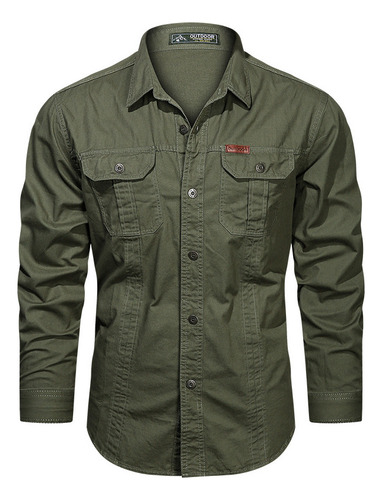 * Camisa Militar De Manga Larga For Hombre Con Botones
