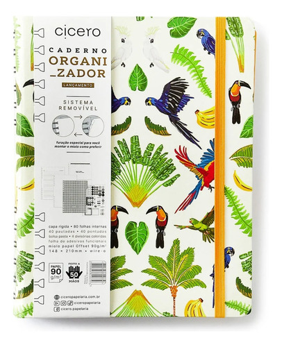 Caderno Organizador Duo Cicero Pautado Pontado Inteligente Cor Pássaros/Floresta Tropical Branco