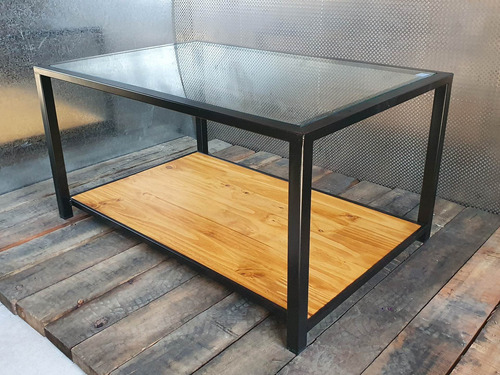 Imagen 2 de 7 de Mesa Ratona Arrime Industrial Hierro Madera + Cristal 10mm