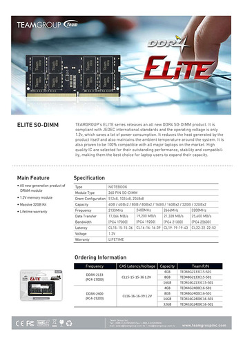 Memoria Ram Teamgroup Elite, 2x8 Gb, 3200 Mhz, Ddr4, 260 Pin