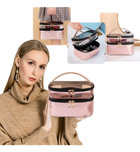Neceser Maquillaje Viaje Doble Portátil Impermeable Bolsa Rosa Dorado