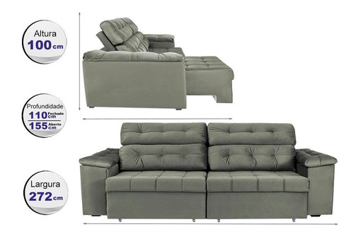 Imagem 2 de 8 de Sofá New Itália 2,72 Mts Retrátil E Reclinável Suede Cinza