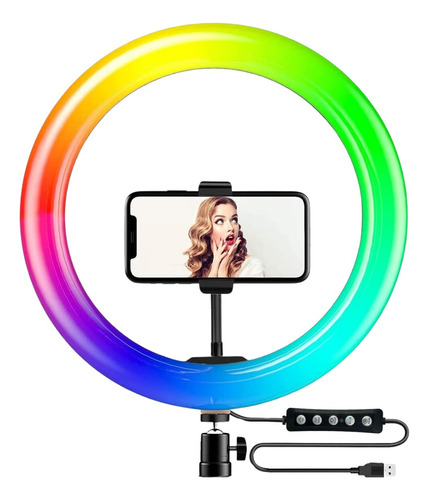 Aro De Luz Led 36 Cm Colores Rgb Soporte Para Celular Selfie Estructura Negro