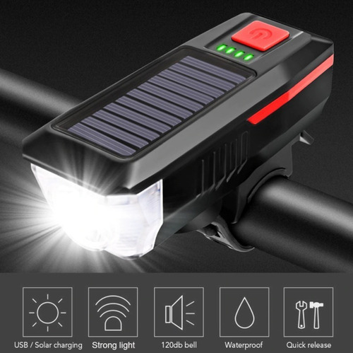 Imagen 1 de 7 de Luz Led Solar Y Recargable Con Bocina Para Bicicleta Scooter
