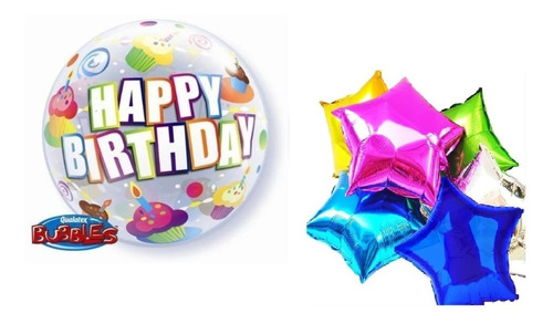 Globo Burbuja Feliz Cumpleaños Happy Birthday + 5 Estrellas