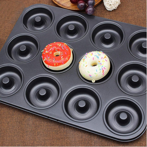 Molde Charola Antiadherente Acero Para Hornear 12 Mini Donas Negro