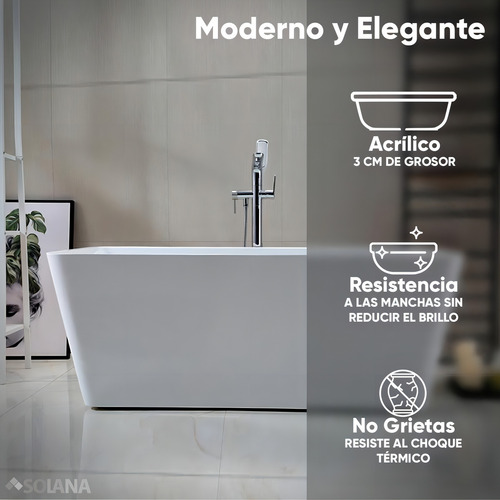 Solana Tina Para Baño Modelo Azalea 170x80x60 Cm Blanco Rectangular De Acrílico Solido Slim / Bañera Alto Brillo Para Cuarto De Baño