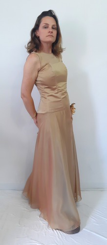 Vestido Fiesta Raso Tornasol Y Gasa Dorado Pechera Corset (Usado)