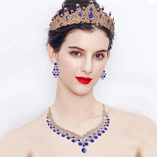 Tocado Novia Tiara Corona Mujer Xv Años Collar Y Aretes 3pcs