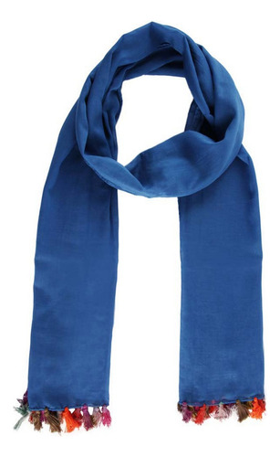Echarpe Em Algodão Azul Com Franja Multicolor A180xl50cm Cor Azul-marinho Desenho do tecido Liso Tamanho 180x150