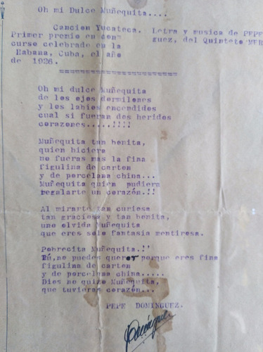 Pepe Domínguez, Dulce Mu Letra Firmada, 1926, Trova Yucateca (Usado)