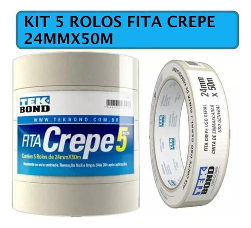 Kit 5 Rolos Fita Crepe Adesiva Branca Uso Geral 24x50 Metros