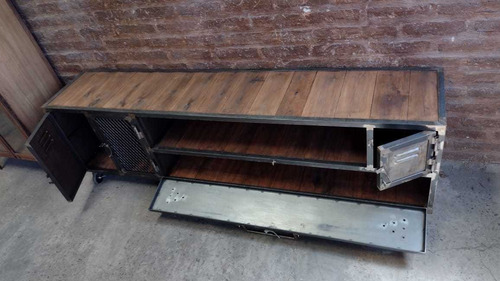 Imagen 4 de 9 de Rack Tv Estilo Industrial Hierro Madera Con Ruedas Y Puertas
