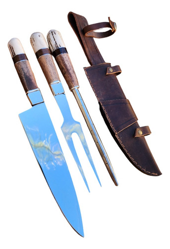 Juego De Asador Triple. Cuchillo, Tenedor, Chaira. Inox