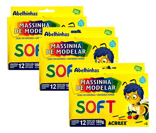Kit 3 Caixa De Massinha Modelar 12 Cores Soft Brinquedo 180g