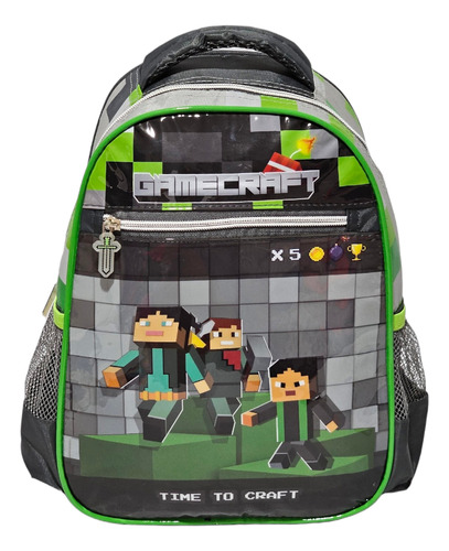 Mochila Bolsa Escolar Creche Infantil Jogo Gamecraft Pequena Cor Verde Desenho do tecido Liso