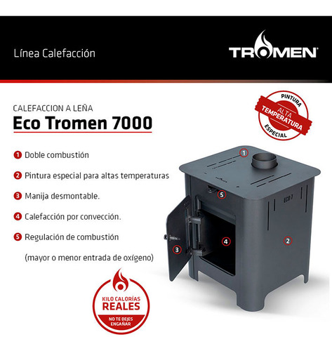 Estufa Tromen A Leña 7000 Kcal/h Hasta 60m2 Doble Combustión