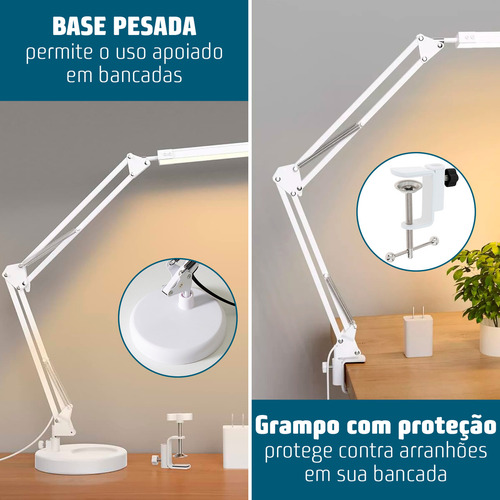 Luminária Mesa Barra Articulada Base Fixa E Garra Luz Led