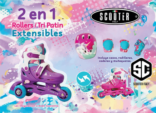 Imagen 8 de 10 de Rollers Patin 2 En 1 Extensibles Unicornio Completo Scooter