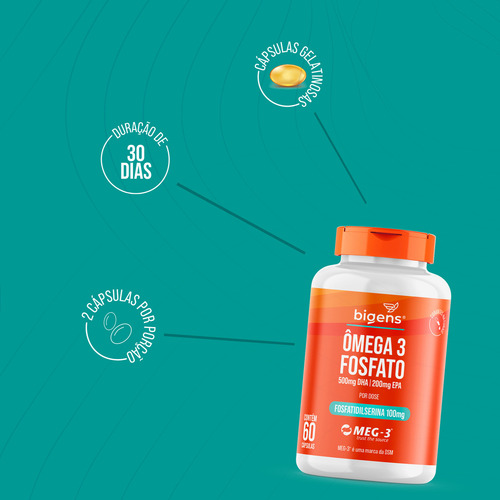 Ômega 3 Fosfato: 500mg Dha + 200mg Epa + 100mg de Fosfatidilserina | Meg-3® | Cérebro E Memória | 60 Cáps - Bigens