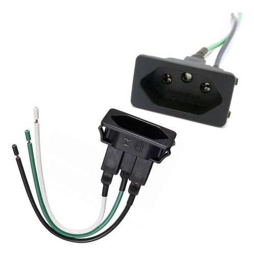 2 Tomada Fêmea Preta 3 Pinos 20a Embutir Painel Rabicho 15cm Cor Preto