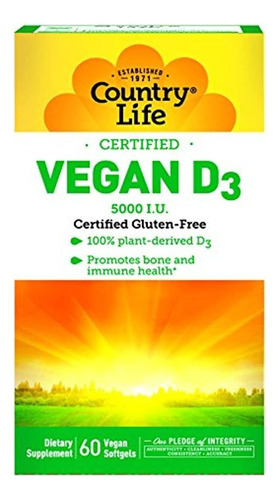 Country Life Vegan D3 125mcg 5,000 I.u. Vitamina D3 100 % De