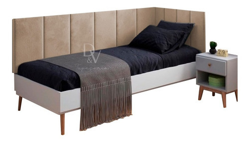 Conjunto Cabeceira Painel Estofada Almofadada Cama Solteiro Cor Bege