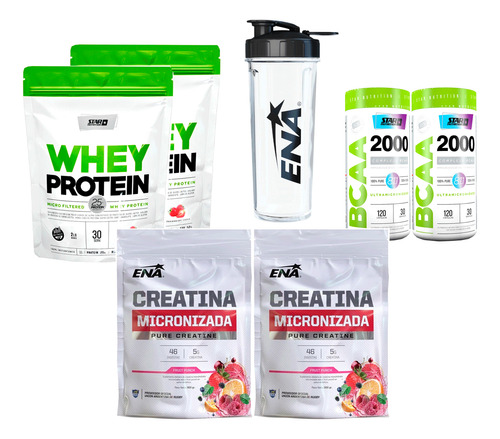 Kit 2 Prote Strawberry + 2 Creatinas + 2 Bcaa 2000 + Shaker