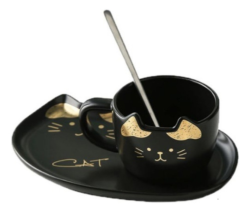 Set Taza Cuchara Plato Set De Gato Cat Pet Kawaii 3 Colores