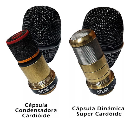 Microfone Sem Fio Dylan Gx-1 2 Capsulas Dinâmica Condenser