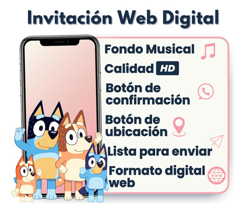 Invitación Digital Web Interactiva Animada Bluey Azul