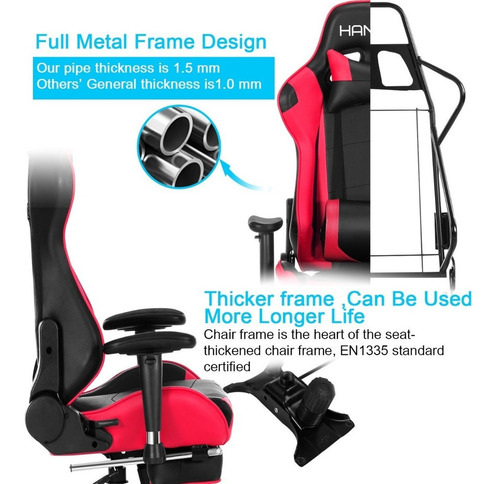 Silla Computadora Gamer Apoya Pies Hanko Modo Cine Roja