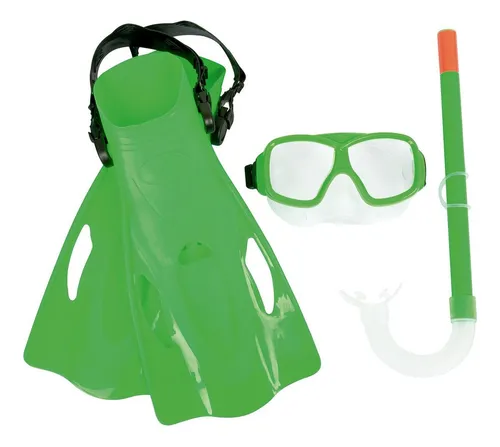 Juego De Snorkel Buceo Infantil 7 Años Gafas Tubo Y Aletas Color Verde