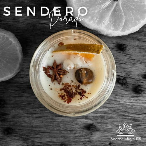 Vela Artesanal Aromática - 210 Ml - Protección Y Abre Camino Blanco Vela Sendero Dorado Mandarina