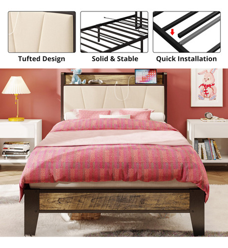 Base De Cama Individual Xl Con Cabecera Y Carga Usb Nogal Be